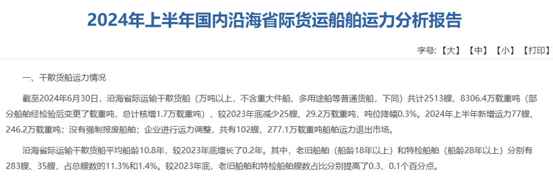 Analysis report on the capacity of domestic coastal interprovincial freight ships in the first half of 2024