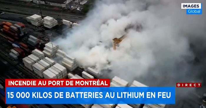 A container containing lithium batteries caught fire
