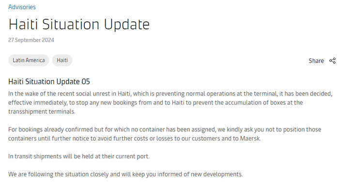Maersk stopped accepting bookings to and from Haiti
