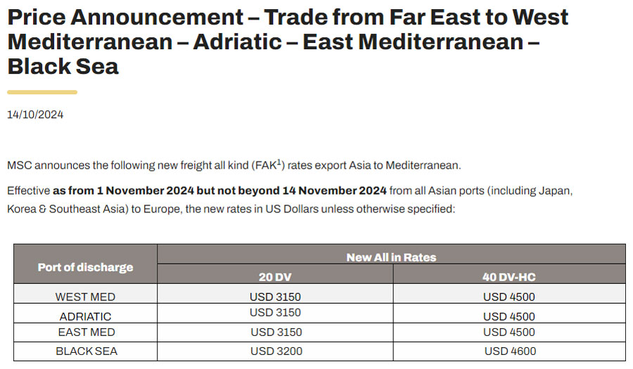 MSC increases FAK rates from Far East to Mediterranean