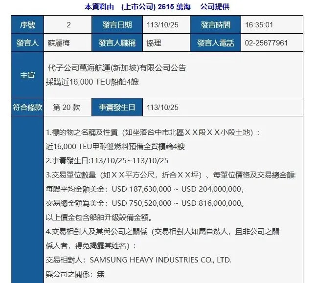 Wanhai Shipping to Samsung Heavy Industries order ship announcement