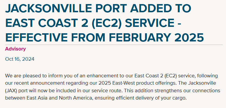 ONE will add East Coast EC2 service to the Port of Jacksonville