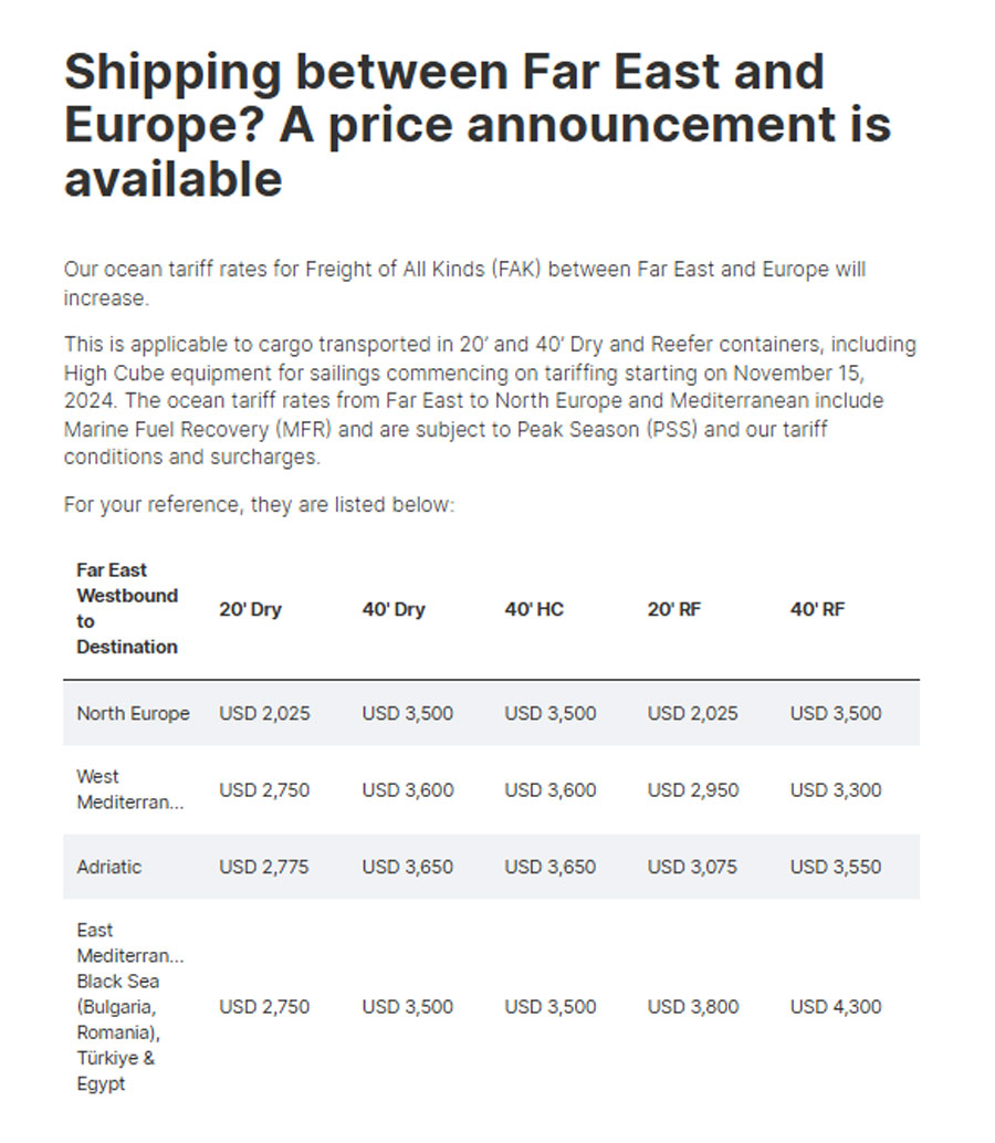 Hapag-lloyd increases FAK rates from the Far East to Europe