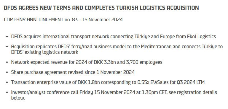 DFDS acquires Ekol Logistics