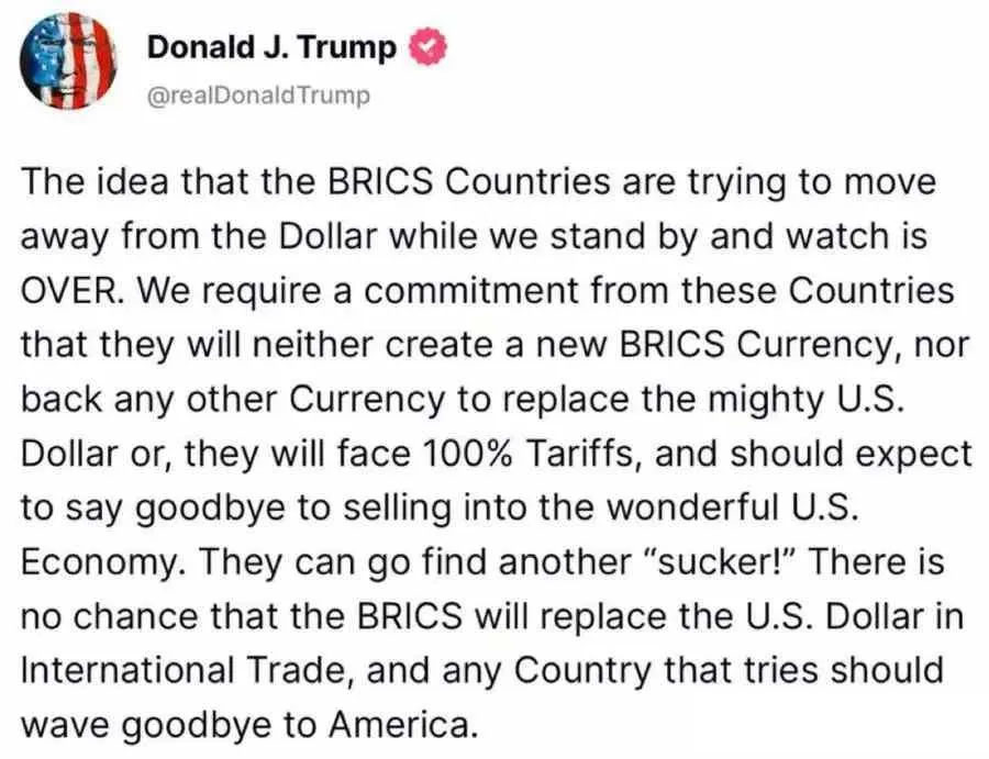 Any attempt to replace the dollar would be subject to a 100 percent tariff