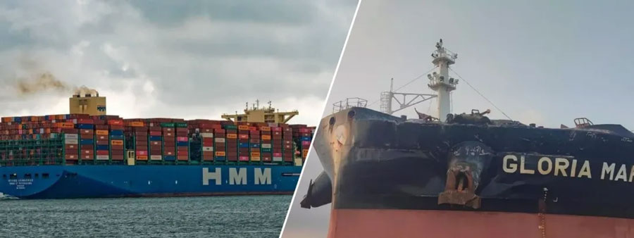 A container ship collided with an oil tanker, calling four domestic ports