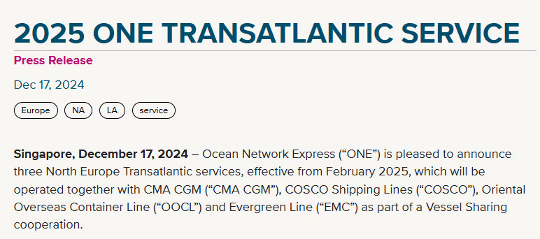 ONE has announced the launch of three ships sharing the Nordic transatlantic route