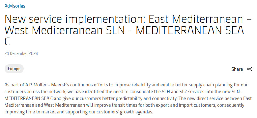 Maersk launches new route SLN to strengthen Mediterranean service