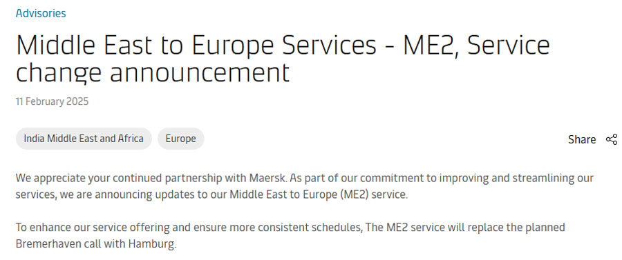 Maersk adjusts the ME2 route between the Middle East and Europe
