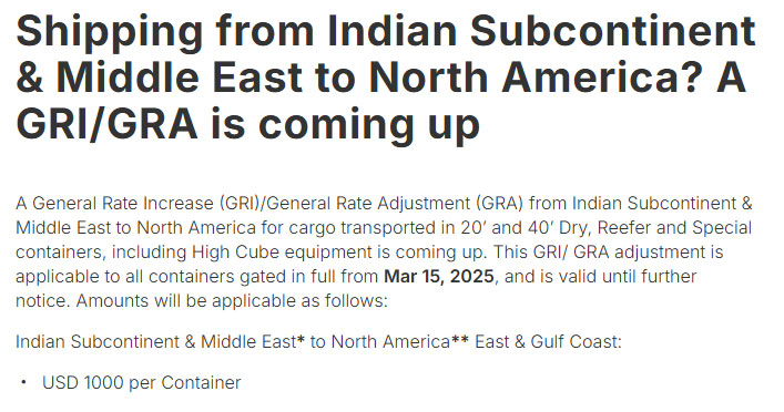 Indian Subcontinent and Middle East to North America GRI revised upwards