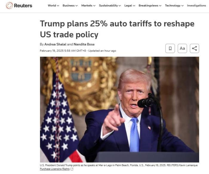 Trump will impose tariffs of about 25 percent on imported cars