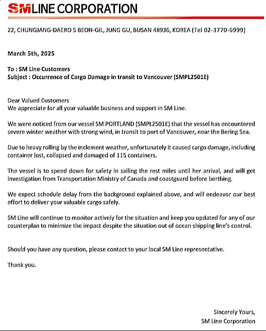 A ship of 115 containers went overboard