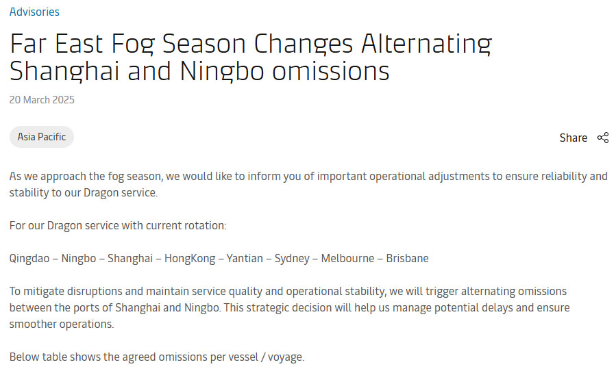 Dragon route canceled docking at Shanghai Ningbo Port