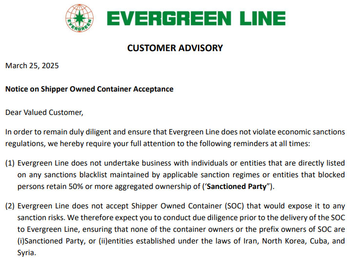 Evergreen Line has announced its refusal to work with individuals or entities on the sanctions blacklist
