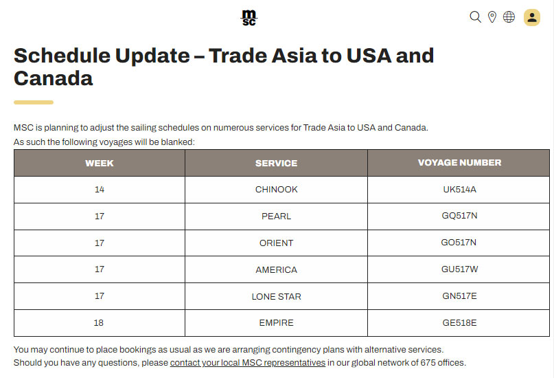 The Mediterranean shipping company MSC announced the cancellation of six voyages