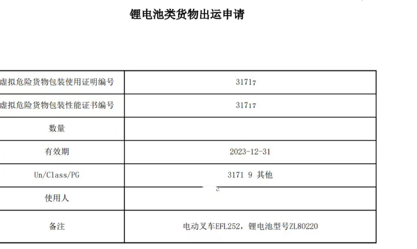 锂电池叉车海运出口申请样单